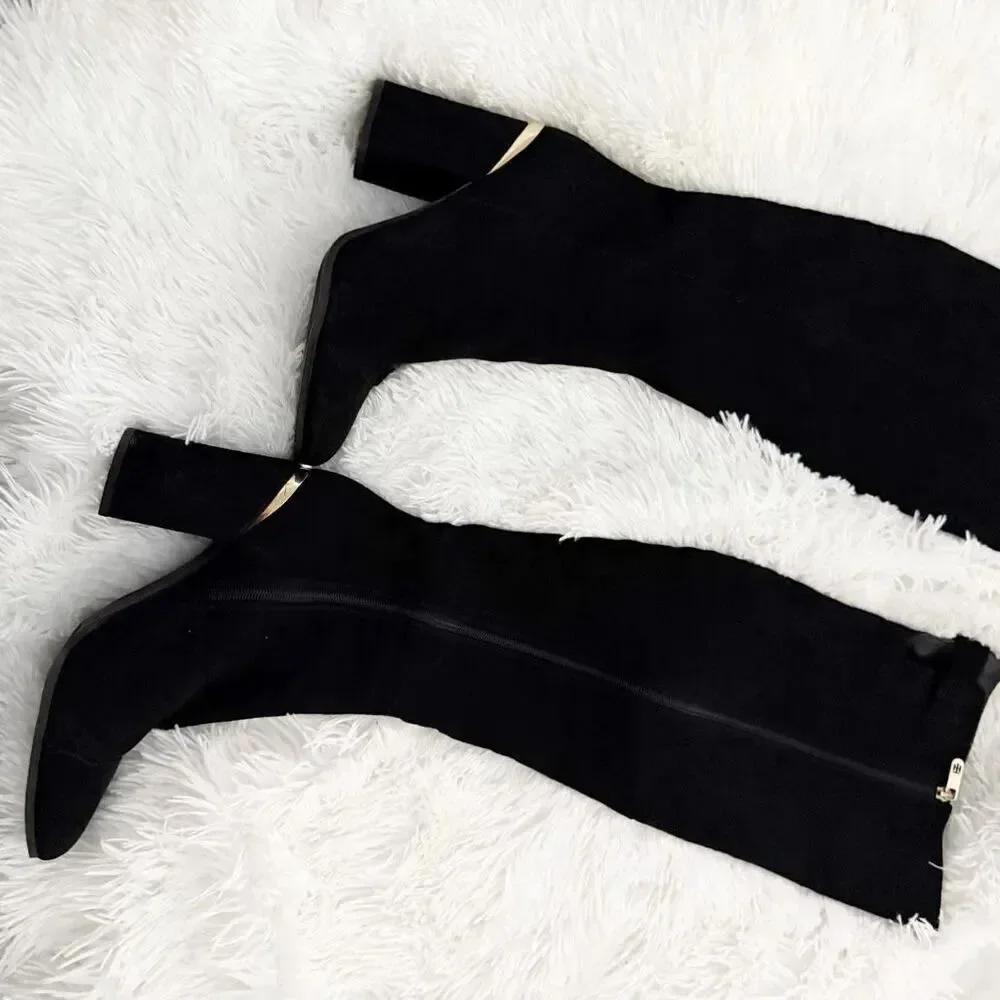 TOMMY HILFIGER | Faux Suede Black Gold Hardware Over Knee Boots Twnarzel | 9